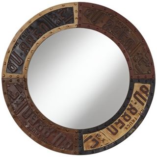Metal License Plate 28” High Round Wall Mirror   #X3613