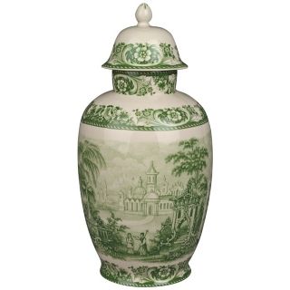Green and White Porcelain 16" High Jar with Lid   #R3274