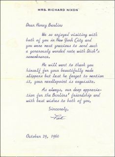 Patricia R Nixon Typed Letter Signed 10 29 1960
