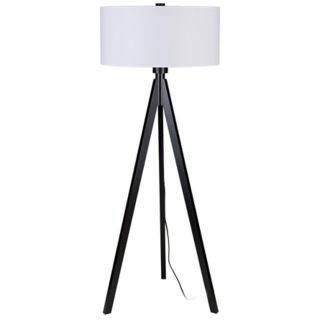 Lights Up Woody Black White Linen Shade Floor Lamp   #T2977