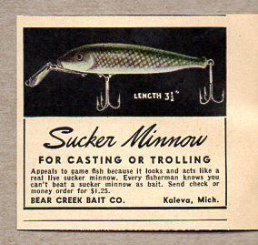 Vintage Ad Sucker Minnow Fishing Lures Bear Creek Bait Co Kaleva,MI