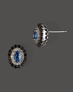 Diamond, Black Diamond And London Blue Topaz Earrings In 14K White
