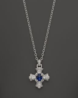 Pave Matlese Cross Pendant Necklace in Lab Created Blue Corundum, 17