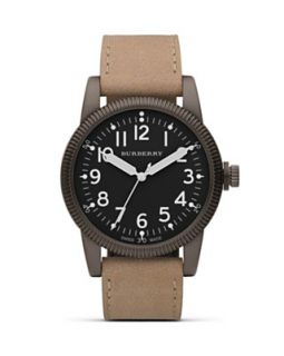 Burberry Unisex Round Military Watch with Leather Strap, 44 mm