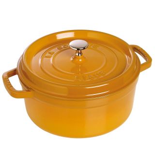 staub round cocotte 7 quarts price $ 299 99 color saffron quantity 1 2