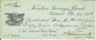 1886 Cancelled Check Kenton Savings Bank Kenton Ohio  Nice Eagle
