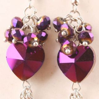 Purple Crystal Glass Heart Bead Dangle Earrings 1 Pair