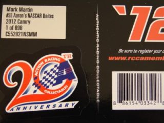 2012 Mark Martin 55 Aarons NASCAR Unites Toyota Camry 1 24