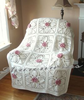 White Ecru Blanket Afghan Pink Rose Pineapple Anniversary Gift
