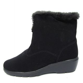 New Khombu Black Nubuck Maple Zip Winter Ankle Boots Wedge Heel Faux