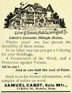 1892 Ad Samuel Cabot Wood Creosote Shingle Stains Culver Hudson