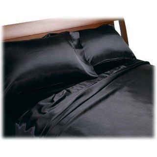 King Satin Bed Flat Fitted Sheet Pillowcases Set Black