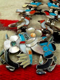 Fabulous Inlaid Zuni Bird Squash Blossom Necklace Turquoise Shell Jet