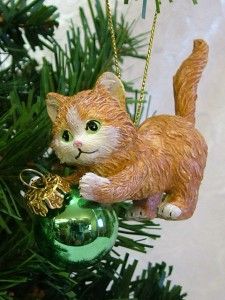 New Orange Playful Kitten Cat Playing w Green LIGHTBULB Christmas Tree