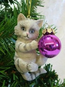 New Grey Playful Kitten Cat Playing w/ Purple Lightbulb Christmas Tree