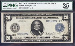 Very Nice Bold Crisp VF 1914 $20 St Louis Federal Reserve Note PMG 25