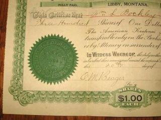 1899 THE AMERICAN KOOTENAI MINING & MILLING CO. STOCK CERTIFICATE~300
