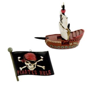 Pirate SHIP and Pirate Flag Set of 2 Ornaments