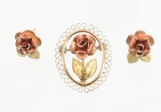 Vintage Krementz GF Gold Filled Rose Green Gold Pin Earrings Set Roses