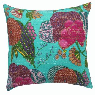 Kantha Quilted Cushion Cover Blue Floral Handmade Cotton Pillow Case