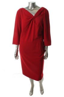 Lafayette 148 New Red Knot Front V Neck 3 4 Sleeve Career Dress Plus