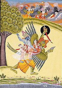 Vishnu and Lakshmi riding on Vishnus Vahana Garuda – Painting
