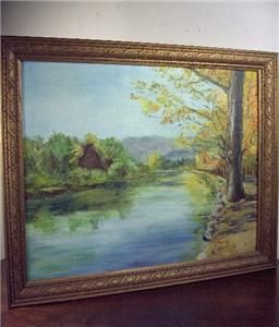 Oil Painting Idyllic Autumn Lake Side Cottage Hills Trees Vtg