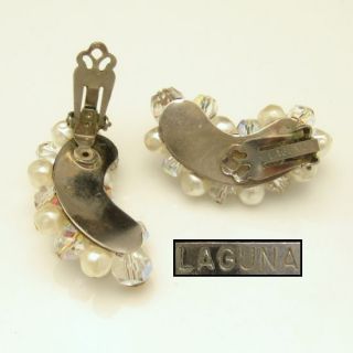 Laguna Large Vintage Crystal Faux Pearl Beads Clip Earrings Silvertone