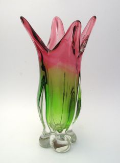 IMPRESSIVE LARGE VINTAGE ITALIAN MURANO GREEN & PINK FLOWER GLASS VASE