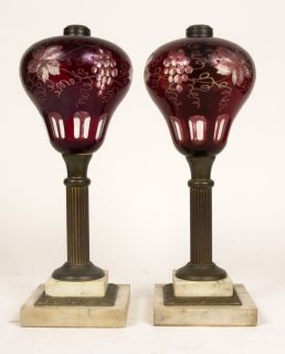 Pair of Antique Cut Ruby Sandwich Glass Oil Lamps Marble Brass