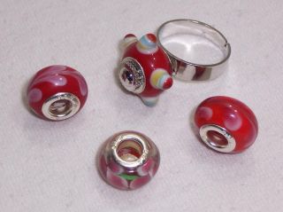 4pc Large Hole Colored Glass Beads and Interchangeable Adjustable Ring