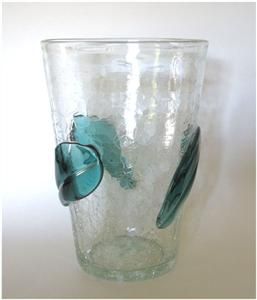 Blenko Crystal Crackle Glass Large Flip Vase Green Applied Leaves