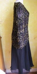 Gorgeous Laurence Kazar 100 Silk Beaded Dress Sz M Black w Gold
