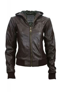 Chestnut Brown Womens Leather Hooded Hood Bomber Jacket