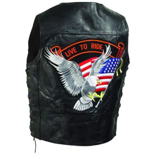 Black Leather Biker Motorcycle Vest Live to Ride Embroidered Patch
