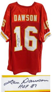 Len Dawson signed custom red and gold jersey with HOF87 inscription