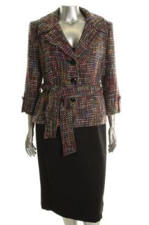 Tahari New Leon Black Tweed Belted 2pc Mid Calf Length Skirt Suit 14