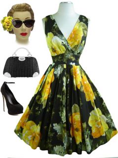 50s Style Pinup Lemon Peony Florals Surplice Sun Dress