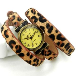 Brown Leopard Bracelet Rope Strap Roman Numerals Watch Leather Womens
