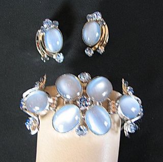 Vintage Ice Blue Glass Moon Stone Bracelet Earrings
