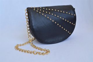 Leo Luca Leoluca Black Leather Hobo Gold Studded Chain Handbag