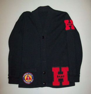 OLD VTG 1950s BLACK WOOL SCHOOL LETTERMAN SWEATER W/ ORIGINAL PATCHES