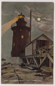 Newvochrome postcard East End Breakwater Light, Lewes Delaware 1909