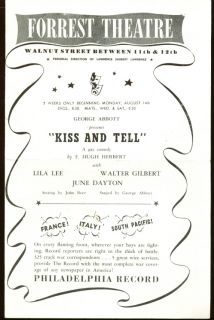 Kiss Tell Forrest Theatre Program Philadelphia 1944