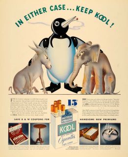 1936 Ad Kool Menthol Cigarette Tobacco Willy Penquin   ORIGINAL
