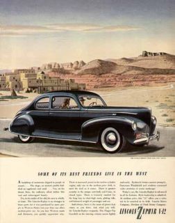 NEW MEXICO TOURISM ARTWORK IN 1940 LINCOLN ZEPHYR V 12 AUTOMOBILE AD