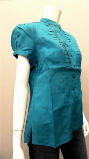 Lino USA Ladies Womens M Linen V Neck Button Down Top Teal Green Pleat