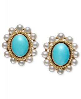 14k Gold Earrings, Cultured Freshwater Pearl (2 3/4 3mm) and Turquoise