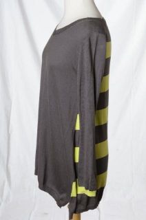 Lisa Todd Gray Lime Green Stripe Light Knit V Neck Sweater Sz S