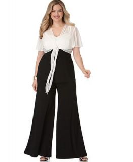 Onyx Plus Size Colorblocked Cami with Sheer Overlay & Flare Leg Pants